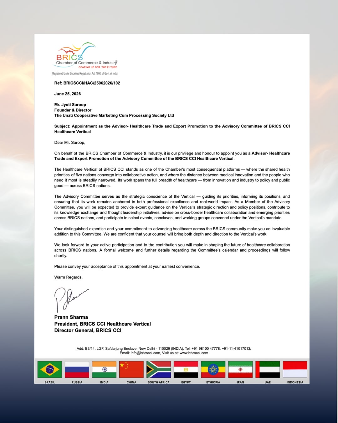 BRICS CCI Appointment Letter